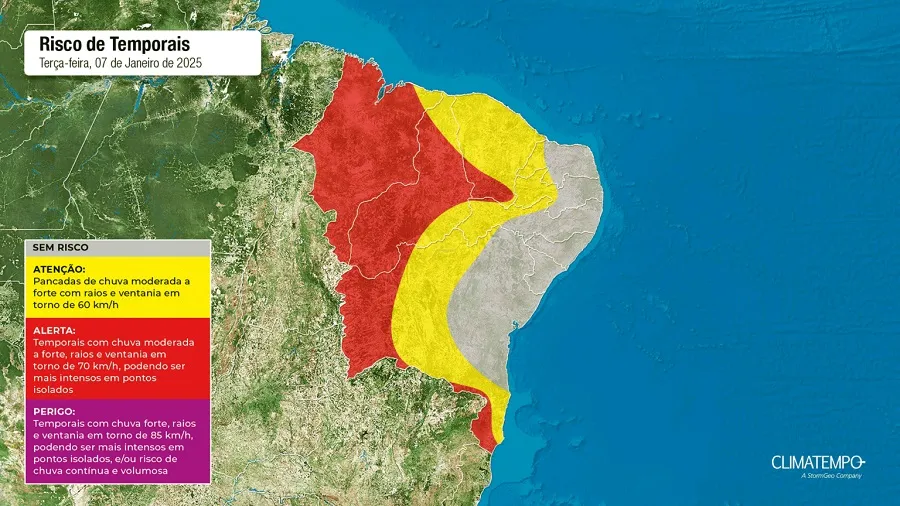 A imagem mostra às áreas com risco de temporais e chuva intensa no Nordeste 